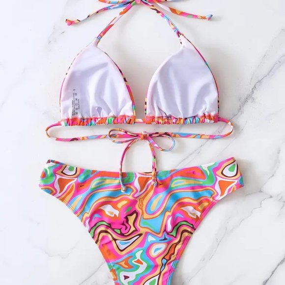Colorful Fluid Print Triangle Bikini Sets Halter Neck Two Piece Swimsuit - Picture 3 of 6